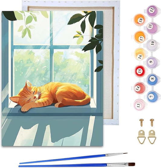 Reofrey Framed Paint by Numbers Kit for Adults & Beginner - 8x12 Inch Canvas Cat Animal Paint by Numbers - Educational & Creative Art Set for Beginners - Perfect for Home Wall Decoration C2044