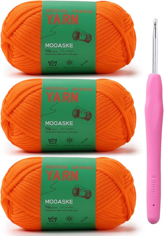 3 Pack (3 x 50g) Crochet Yarn with Crochet Hook - Worsted Medium Yarn for Crocheting - Easy-to-See Stitches Cotton-Nylon Blend Beginner Knitting Yarns for Adults and Kids
