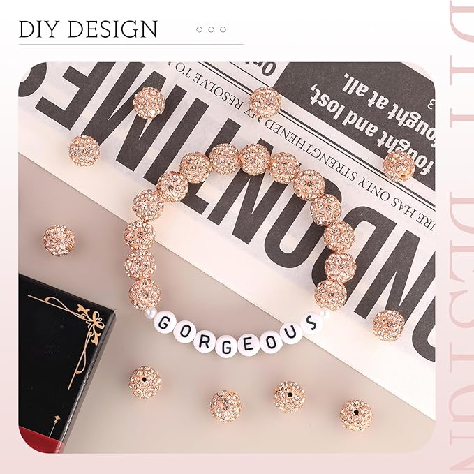 200 pcs light peach rhinestone beads for jewelry making, sparkle crystal clay christmas for bracelet baseball necklace earring crafting and diy, shiny round shamballa disco ball beads bulk