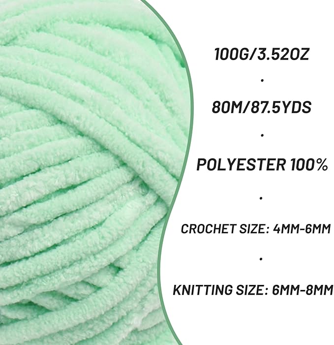 3 Pack Fluffy Chenille Yarn for Crocheting, Chunky Velvet Yarns for Crochet Amigurumi, Baby Yarn for Crocheting Soft Blanket, 262.4yds /10.5 oz Bulky Yarns for Crafts/Hats/Shoes/Socks (3 Mint Green)