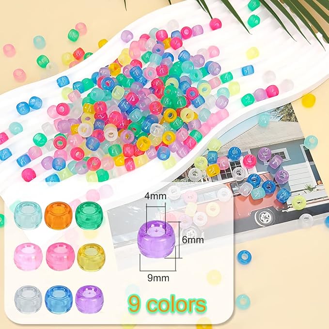 MIIIM 1000PCS 6x9mm Pony Beads Glow in The Dark, 9 Colors Mixed UV Kandi Beads for Bracelets Making Kit, Hair Braids Crafts for Jewelry Making (Luminous Mixed)