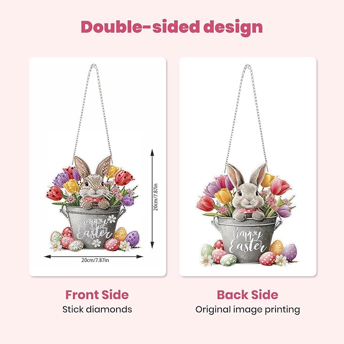 MXJSUA Diamond Art Hanging Kits for Adults Beginners, DIY Acrylic 5D Special Shaped Crystal Diamond Gem Art Painting Hanging Ornament for Home Wall Decor and Gift (Tulips Easter Bunny)