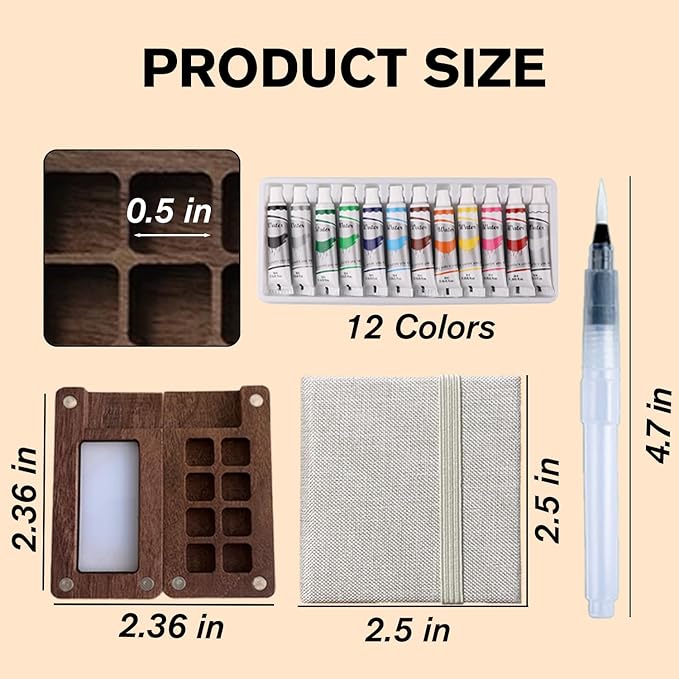 Aimery Mini Watercolor Paint Travel Set, Portable Small Miniature Pocket Water Color Painting Kit with Wooden Palette & Sketchbook(Grey)