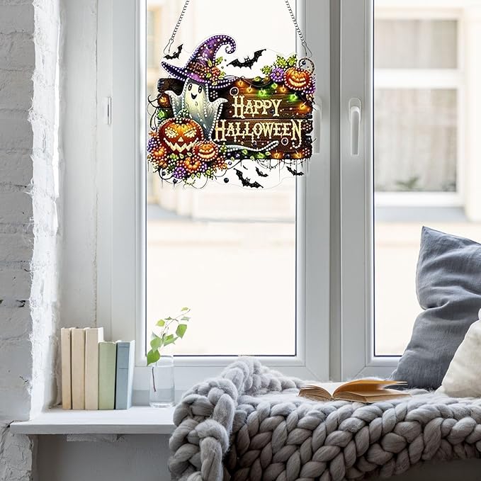 DIY Hanging Halloween Pendant Ornament Diamond Art Painting for Adults Beginners with Accessories Single Sided Dot-Drill Pendant for Home Wall Window Garden Decor (Ghost)