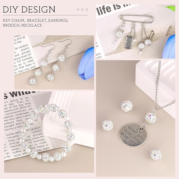 100 pcs 10mm Rhinestone Beads for Jewelry Making, Crystal AB Shiny Round Shamballa Disco Beads Bulk, Sparkle Crystal Clay Christmas for Bracelet Baseball Necklace Earring Crafting and DIY