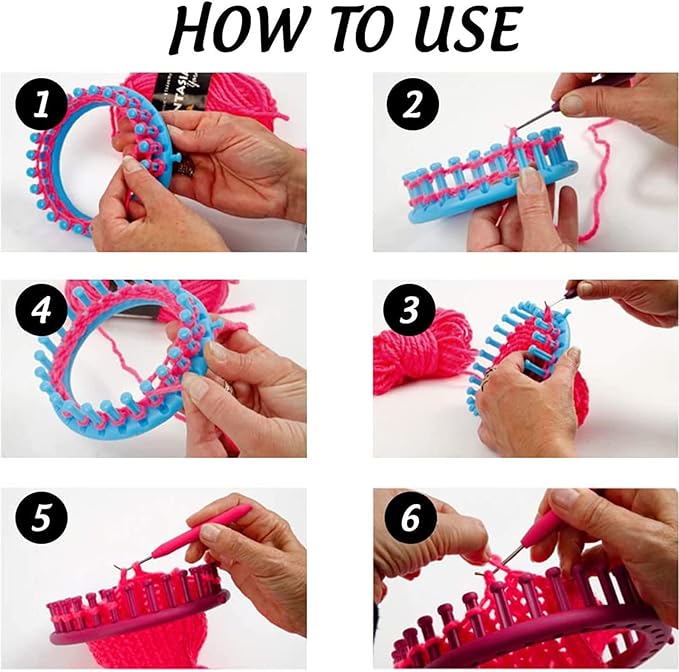 JAMIT Round Knitting Looms Set Craft Kit DIY Tool with Hook Needle, Set of 5 Plastic Looms Knitting for Hat Scarf Shawl Sweater Sock and Blankets