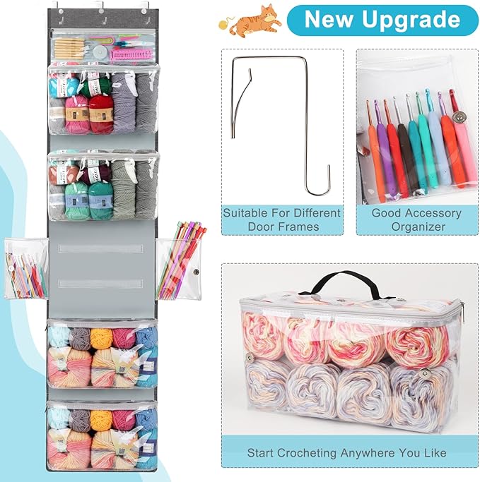 Coopay Yarn Storage Hanging Knitting Bag with 6 Compartments, Large Yarn Organizers and Storage with 3 Adjustable Hooks, Clear Hanging Knitting Organizer for Crochet Hooks, Knitting Needles