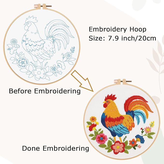 Nuberlic Animal Embroidery Kits for Beginners, Cross Stitch Kits with Rooster and Flower Pattern - Complete Starter Set with Hoop, Pre-Printed Fabric, Threads & Needles