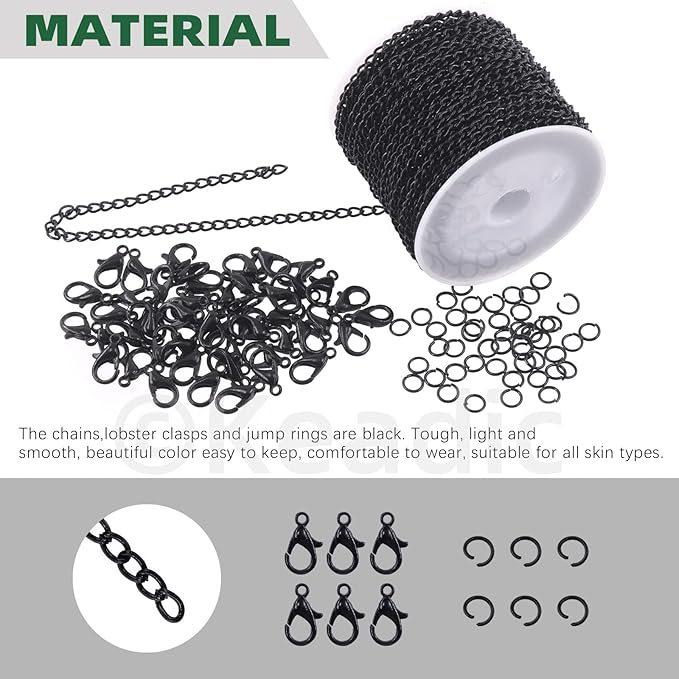 Keadic 102Pcs 30 Feet Jewelry Making Chains Kit W 3mm Metal Necklace Twisted Links Chain, Lobster Clasps, Open Jump Rings and Jewelry Pliers for Bracelet Earring Anklet DIY (Black)