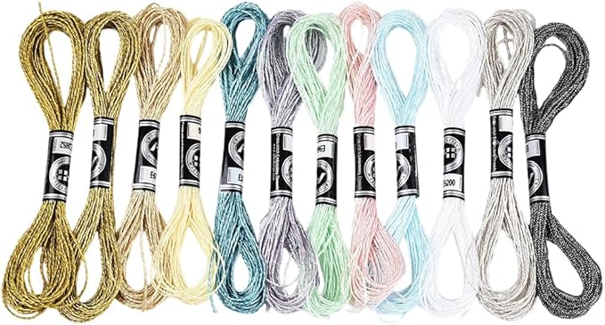 12 Skeins 6 Strands Metallic Hand Embroidery Floss Glitter Friendship Bracelet String Colorful Sparkly Polyester Cross Stitch Thread Bulk Set for Sewing Crafts Jewelry Bracelets Making DIY