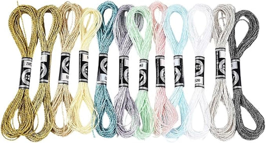 12 Skeins 6 Strands Metallic Hand Embroidery Floss Glitter Friendship Bracelet String Colorful Sparkly Polyester Cross Stitch Thread Bulk Set for Sewing Crafts Jewelry Bracelets Making DIY