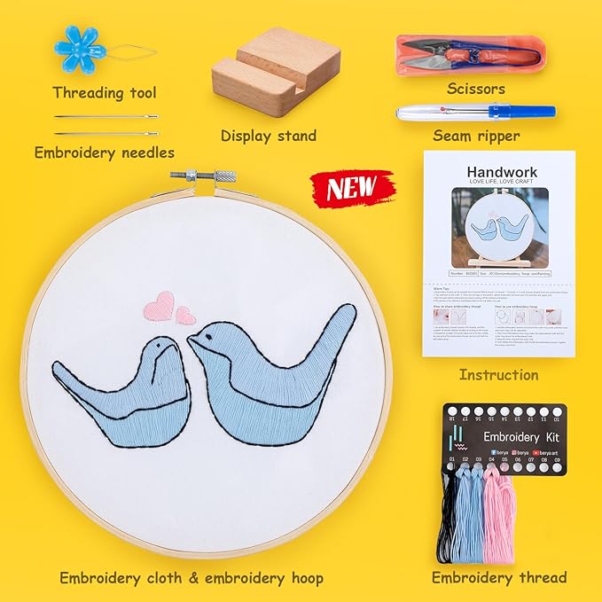Embroidery Kit for Adult Beginners, Small Birds Embroidery Kit with Step-by-Step Instructions and Video, Printed Cloth, 7.87" Hoop, Display Stand, Color Threads and Tools for Craft Lover(BED005)