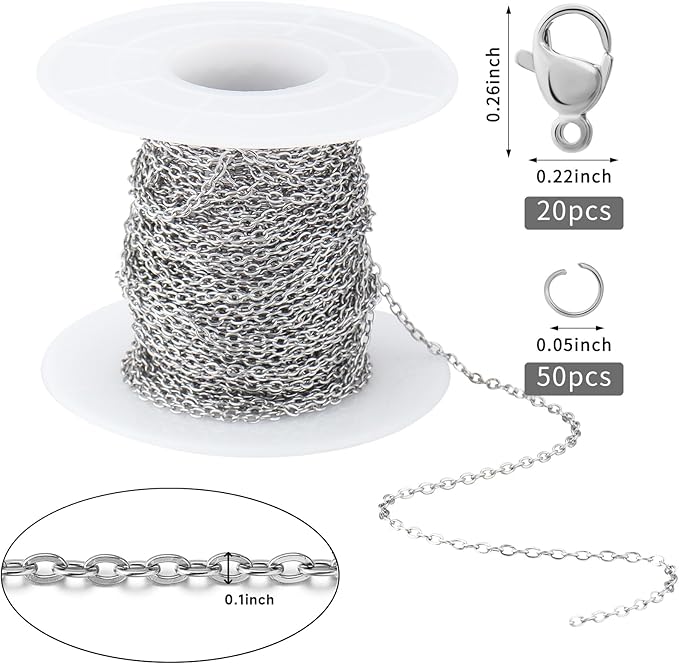 Topacket 33Feet Stainless Steel Necklace Chains Cable Link Chains for Jewelry Making DIY Craft Kit with Lobster Clasps Jump Rings