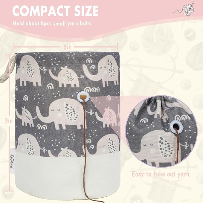 Small Crochet Bag Organizer, Drawstring Storage Knitting Bags, Portable Mini Elephant Yarn Holder for Crocheting Project, Store Skein Ball, Needles Accessories