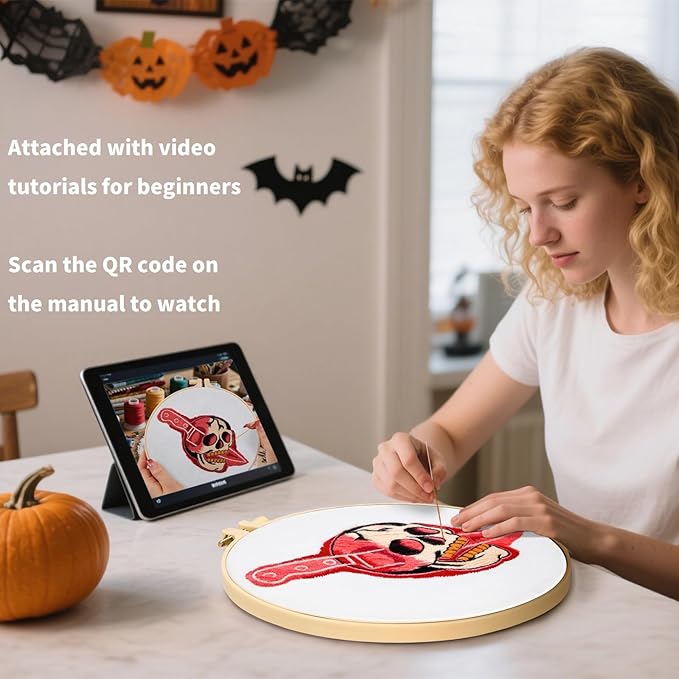Halloween Punk Embroidery Kits for Beginners Adults, Blood Skull Embroidery Starter Kits, Halloween Cross Stitch Kits for Beginners Adults Hobbies for Women, Embroidery Fabric, Hoop and Video Tutorial