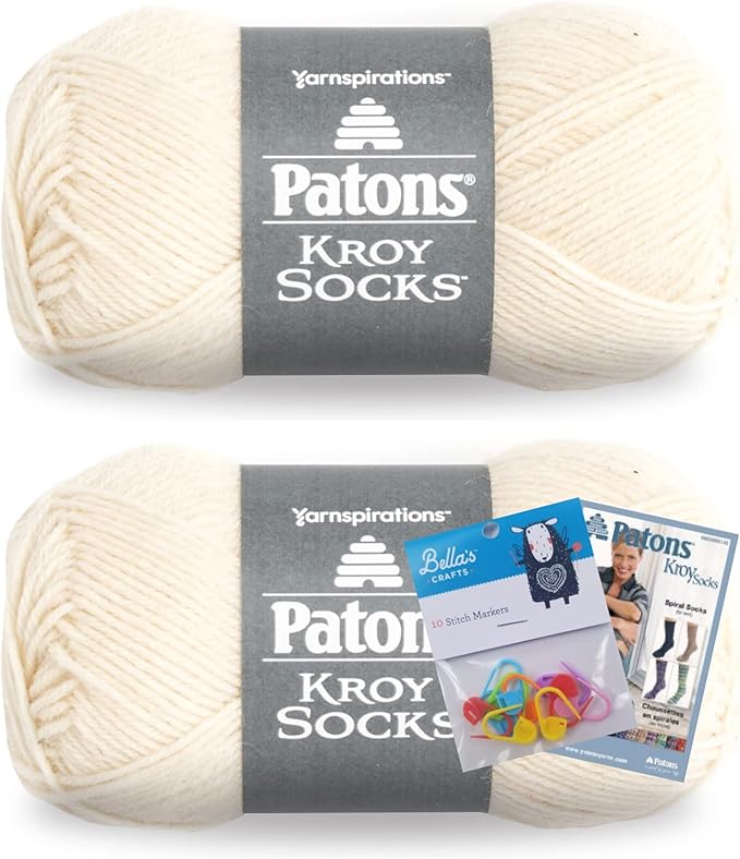 Patons Kroy Socks Yarn 2-Pack Bundle with Bella's Crafts Stitch Markers (Muslin)