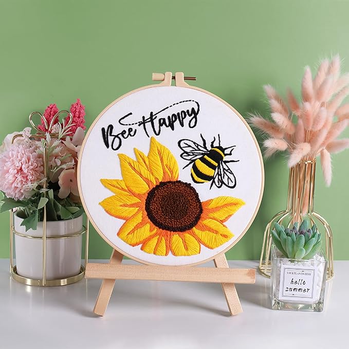 Louise Maelys Embroidery Kits for Beginners,Cross Stitch Kit for Adults,DIY Needlepoint with Bee Sunflower Pattern-Bee Happy