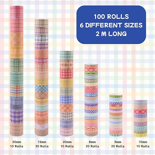 Plaid Washi Tape Set, 100 Rolls Basic Grid Decorative Masking Tapes, 5/8/10/15/20/30mm Wide 6.56ft Long/Roll Colorful Lattice Washi Tape for Arts, DIY Crafts, Journals, Planners, Scrapbook, Wrapping