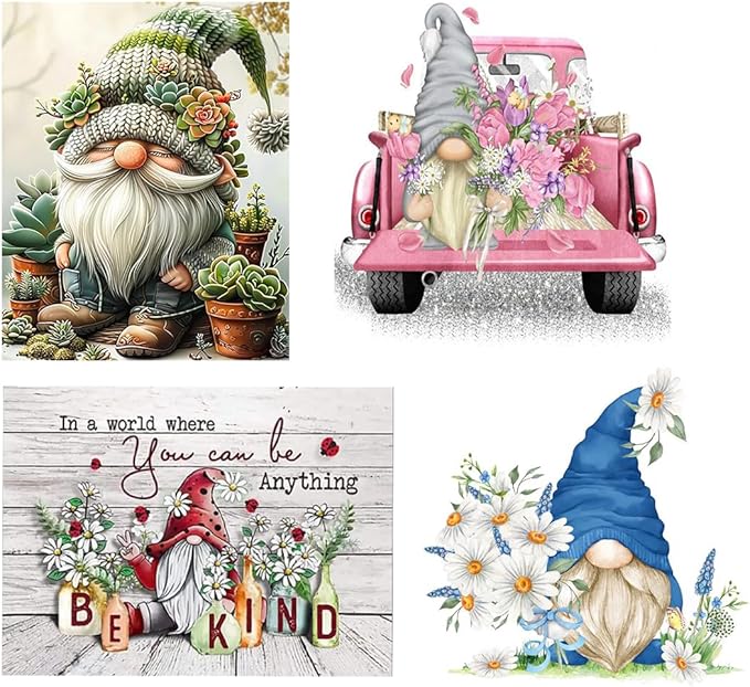 4 Pack Stamped Cross Stitch Kits for Adults - Gnome Flower Embroidery Kits for Beginners Adults,11 CT Patterns Dimensions Counted Cross Stitch Kits for Adults Arts Craft Kits13.8x13.8-12x16 inch