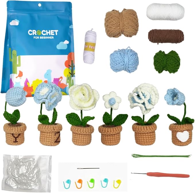 Blue Mini Crochet Flower Plant Kit | Create a Soothing Desktop Garden Decor | Beginner Friendly DIY Craft with Video Tutorial | Calming Gift Idea
