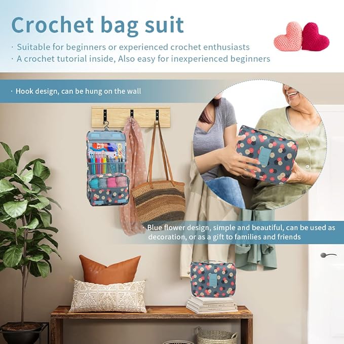 Crochet Kit for Beginners Complete 130 Pieces Starters Knitting Kit with Crochet Yarn, Ergonomic Crochet Hooks and Crochet Accessories in Hangable Storage Bag