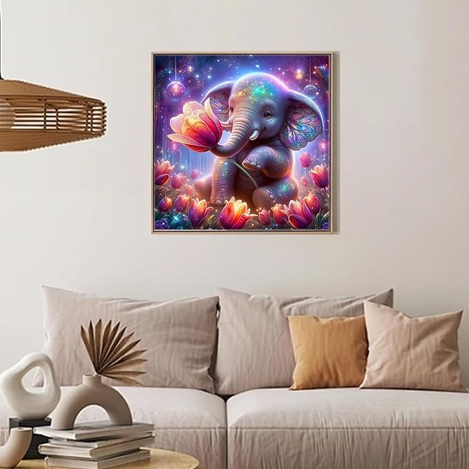 Camocin Diamond Art Kits for Adults Elephant, 5D Tulips Diamond Painting Kits for Adults Beginners, DIY Elephant Full Round Dots Drill Gem Art Kit for Gift Home Wall Decor 14 x 14 Inch