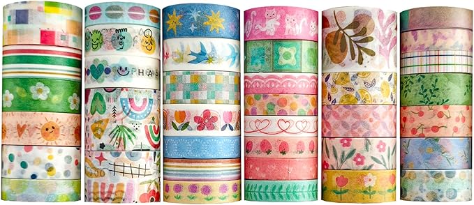 38 Rolls Washi Tape, Aesthetic Colored Decorative Cute Scrapbook Tape for Scrapbooking Supplies Journaling Craft Junk Journal
