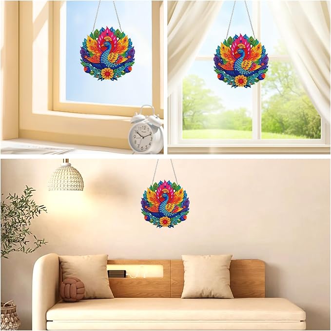 AIRDEA Hanging Diamond Painting Kits Peacock,Special Shaped Diamond Art Kits for Beginner Animals and Flowers Gem Art Pendant Decor,7.87x7.87in