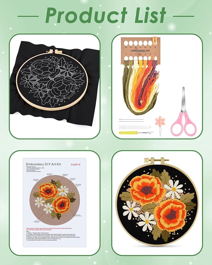 ERKOON Embroidery Kit for Beginners, Flower Cross Stitch Set Include Embroidery Cloth Hoops Threads for Craft Lover Hand Stitch with Embroidery Skill Techniques (Floral)