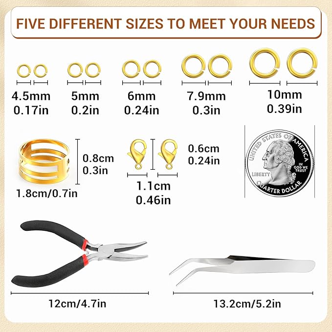 1200 Pcs Jump Rings for Jewelry Making Supplies, Necklace Repair Kit with Plier, Tweezer, Lobster Claw Clasps, Open Rings for Crafts & Keychains (1200Pcs Gold)