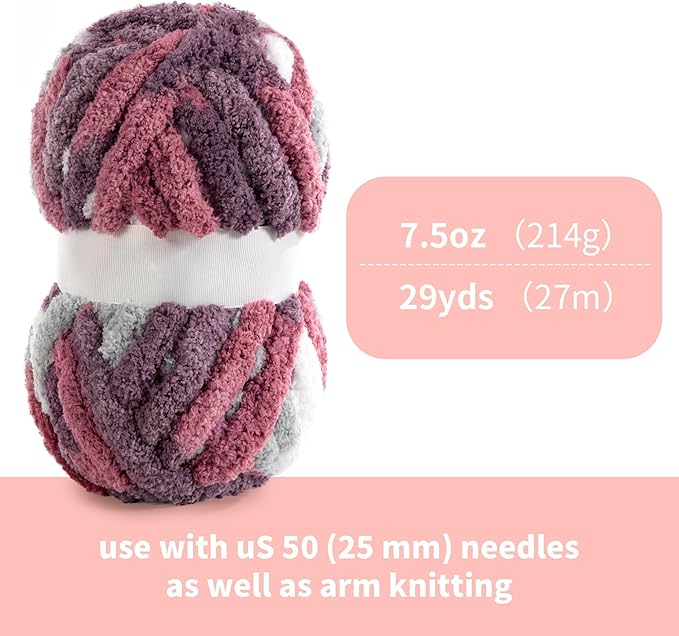 HOMBYS Chunky Tie Dye Mix Chenille Yarn for Hand Knitting, Super Bulky Jumbo Yarn for Crocheting, 3/4" Thick Soft Plush Yarn for Blankets, 8 Skein Pack (26 yds / 7.5 oz Each) Red Purple