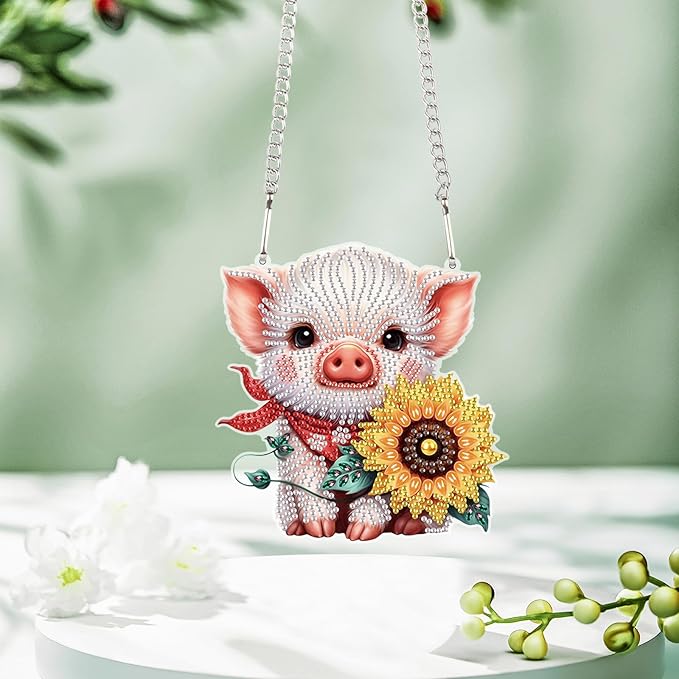 Tontut 5D DIY Diamond Art Painting Pendant kit, Sunflower Pig Special-Shaped Hanging Crystal Window Pendant kit, Adult Gift Home Curtains, Yard Entrance Decoration
