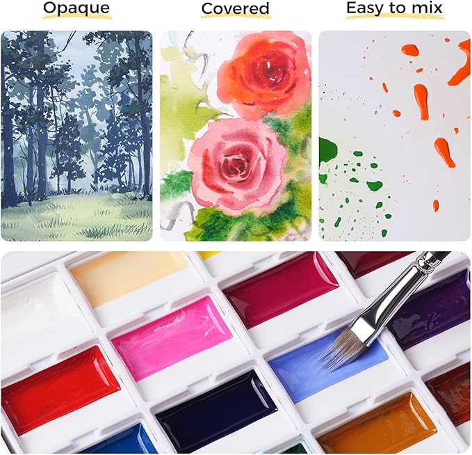 Fuumuui 24-Color Opaque Semi-Moist Watercolor Set – High-Saturation Bright Colors Art Supplies with Strong Coverage and Rich Pigments for Artists Beginner Painters Amateur Hobbyists Painting