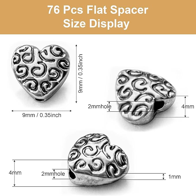 Tibetan Silver Heart Spacer 76Pcs Flat Beads for Jewelry Making Supplies Adults Small Seed Bead for Necklace Earring Bracelet Making Kit Bulk 9mm