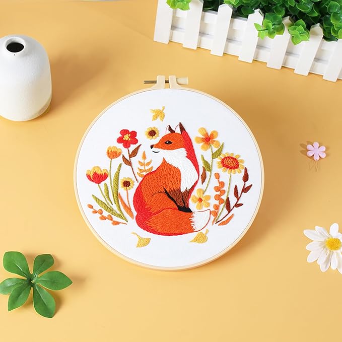 Louise Maelys Fall Fox Embroidery Kits for Beginners with Autumn Animal Pattern,Adults Starter Cross Stitch Kit DIY Needlepoint
