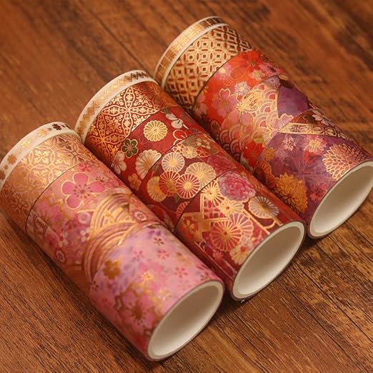 YUBBAEX Splendid Gold Washi Tape Set Embroidery Pattern Foil Decorative Tapes for Arts, DIY Crafts, Journal Supplies, Planners, Scrapbook, Gift Wrapping 15 Rolls (Fierce Flowers)