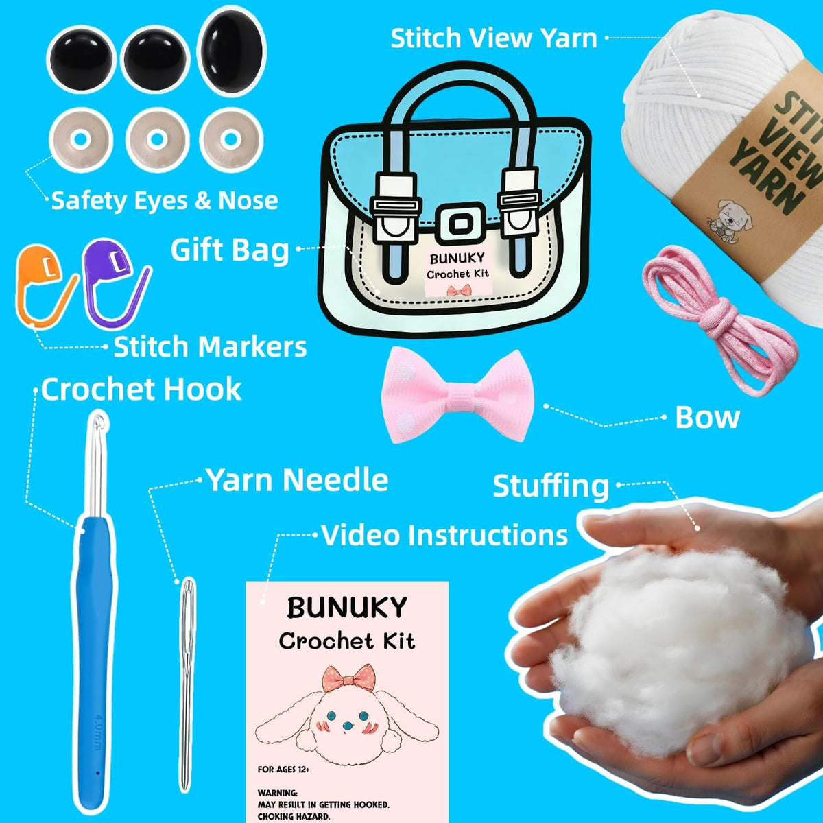 BUNUKY Beginner Crochet Kit, Snowy Bunny Amigurumi Starter Kit with Easy Video Tutorials, Complete DIY Rabbit Craft Kit Gift for Adults, Teens & Girls
