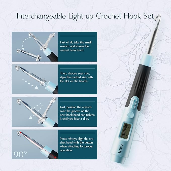 Votris 18 in 1 Counting Crochet Hooks, Light up Crochet Hook Set with Digital Stitch Counter 2.0mm-14.0mm, Rechargeable & Interchangeable Heads Lighted Crochet Hook Set, Ergonomic Handles for Beginner