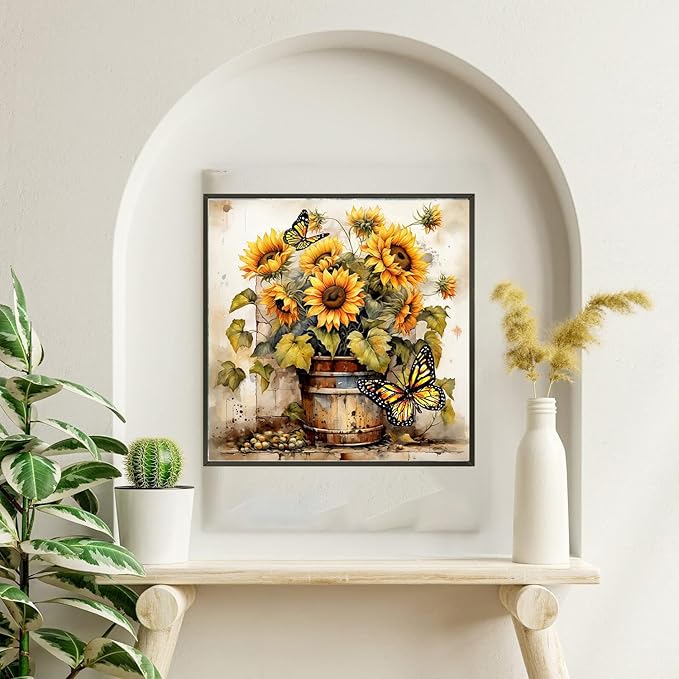 igoodom Diamond Art Kits for Adults, Sunflowers Diamond Art Kits, Full Drill Round Sunflowers Butterfly Diamond Painting Kits, DIY Gem Art and Crafts for Home Wall Decor Gift 14x14inch