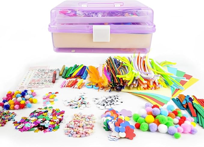 smilesskiddo arts craft supplies for kids - 1000+ pcs toddler diy craft art supply set, portable 3 layered folding storage box school craft projects - gifts for girls crafts for girls ages 4-8 8-12