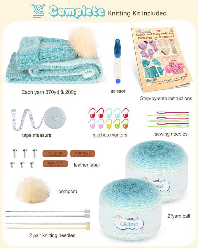 katech beginner knitting kit - learn to knit kit for adults- complete hat, scarf, gloves starter kit with step-by-step instructions(gradient)