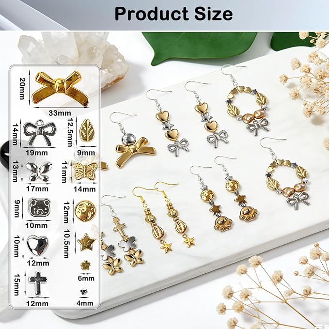 1000pcs Gold Silver Acrylic Beads Kit, 4-32mm for Jewelry Making Assorted Hearts Stars Bead Butterfy Cat Paw DIY Craft Supplies for Necklaces Earring Bracelet Keychains Adult Beginners Professionals