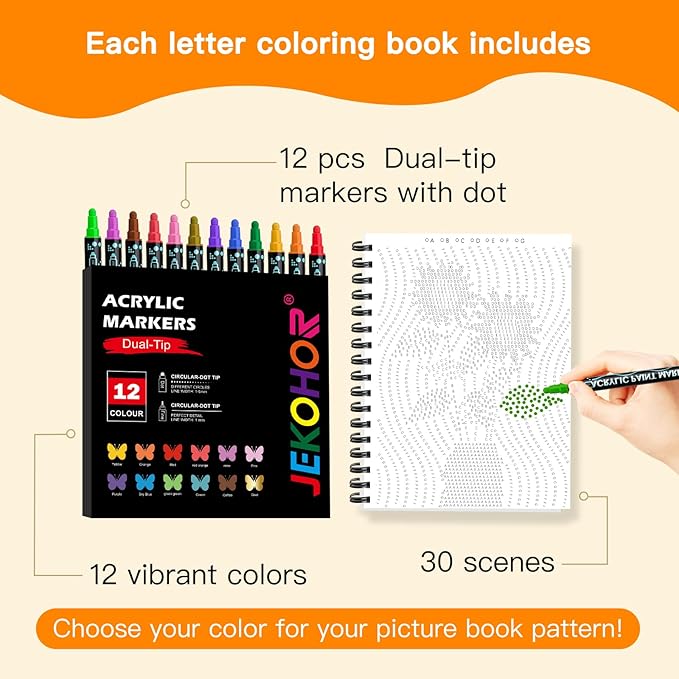 Coloring Book,Dot By Letter Art Meditations with 12 PCS Acrylic Markers,Mindfulness Adult Coloring Book-Relaxing,Anti-Stress,30 Pattern Activity Coloring Books for Adults,Dot Art for Adults-Landscapes