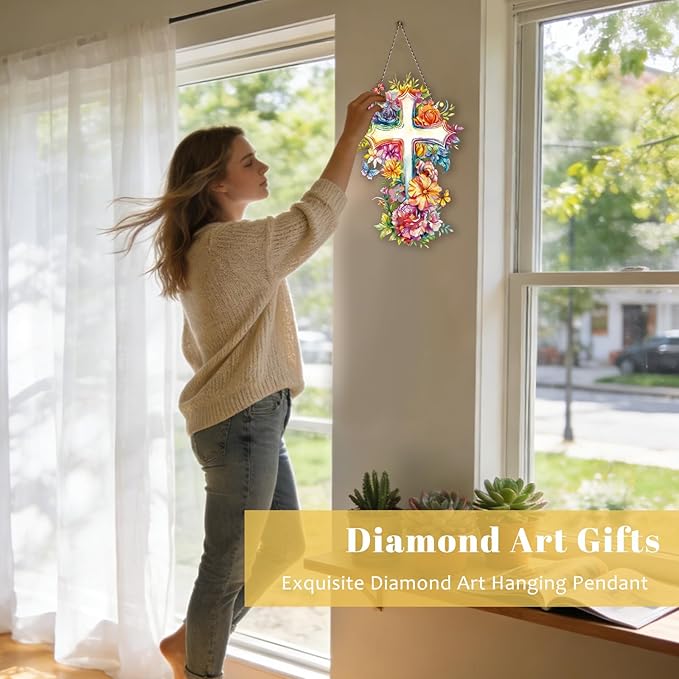 Roneenz Diamond Painting Kits Hanging Pendant, Floral Christ Hanging Diamonds Art kit for Adults, Special Shaped DIY 5D Art Window Decor, Home Garden Room Decor Gifts for Women and Girls