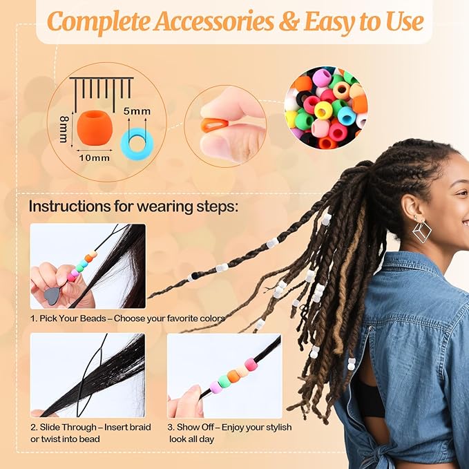 AD Beads 216PCS 6x9mm DIY Soft Pony Silicone Beads for Hair, White +Transparent Series with 80 Elastic Bands, Tool and Storage Box Kit for Braids, Bracelet, Crafts.