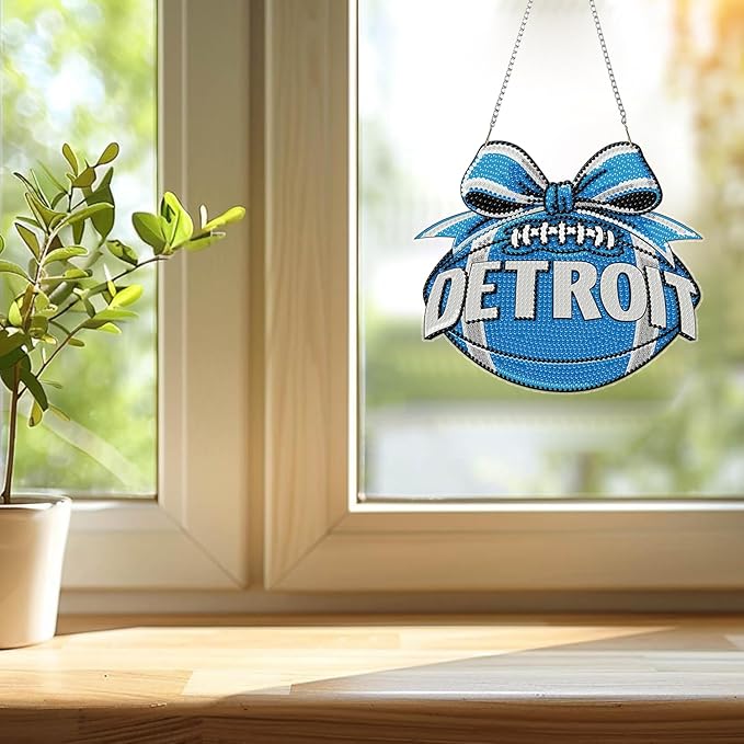 Rertcioph Football Diamond Art Hanging Kit for Adults, DIY Acrylic 5D Diamond Painting Hanging Ornament for Detroit Home Wall Decor and Gift