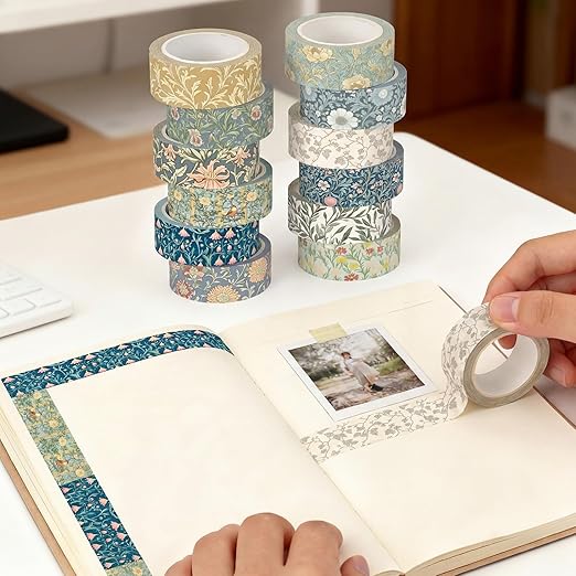 12 Rolls Watercolor Floral Washi Tape Set 15 mm Vintage Flower Decorative Masking Tape for Spring Arts DIY Craft Scrapbook Journal Supplies Gift Wrapping(Earthy Tones,William Morris)