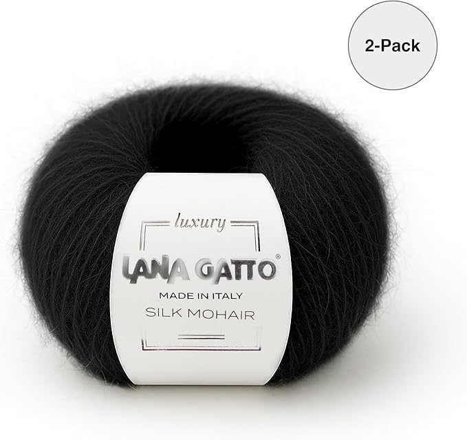 Silk Mohair Yarn for Knitting – Lace Weight Mohair Yarn with Silk, Made in Italy – Black-6037, 2 Skeins