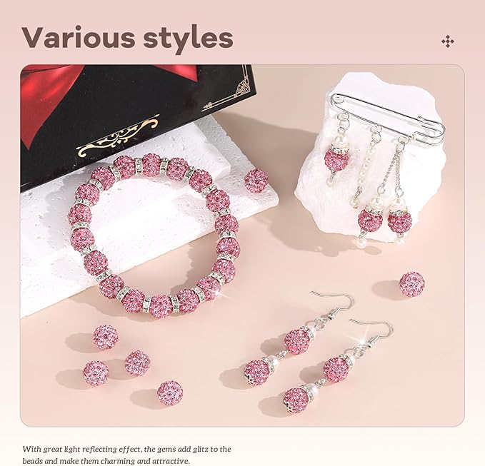 200pcs 10mm rhinestone beads for jewelry making, dark pink shiny round disco ball beads bulk, sparkle crystal clay christmas for bracelet baseball necklace earring crafting and diy