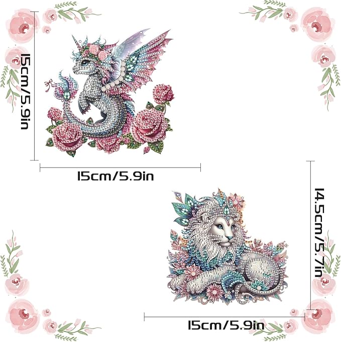 2 Pcs 5D DIY Diamond Painting Pendants – Rose-Adorned Flying Dragon & Prince-Style Lion Hanging Ornaments, Irregular Diamonds, Acrylic Wall & Window Decor, Handmade Gift Craft Kits